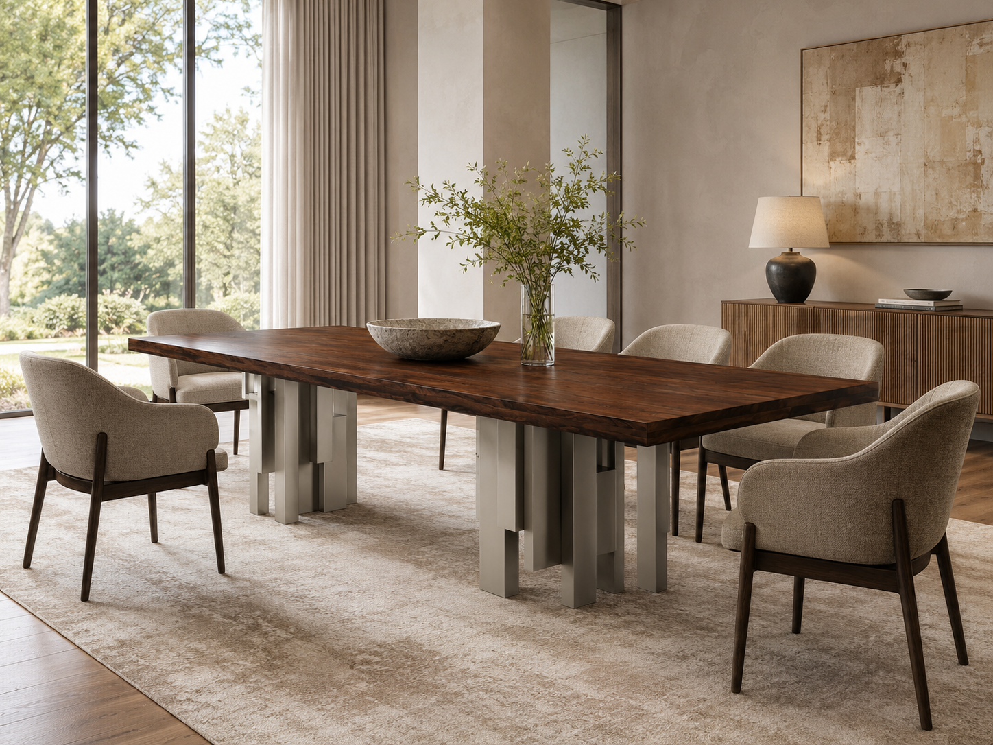 A modern dining room scene featuring a rectangular dark wood table with chunky metallic gray pedestal legs, surrounded by six upholstered dining chairs in a warm neutral tone. The set is styled on a large beige textured rug in a bright, contemporary dining room with large windows, a sideboard, and a lamp.