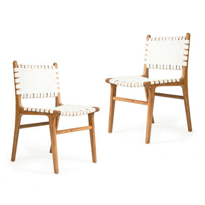 Ready to Ship Solid Wood Bonded Leather Woven Chair with White Leather(SET OF 2 PCS)