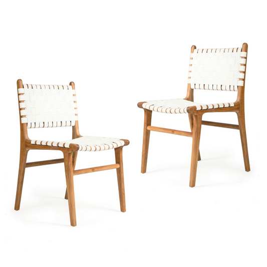 Ready to Ship Solid Wood Bonded Leather Woven Chair with White Leather(SET OF 2 PCS)